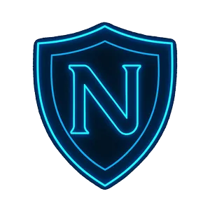 Glowing blue shield with a bold letter N, symbol of the Neon Nexus brand